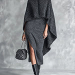 ElevenOra Chic Elegant Dark Gray Melange Spaghetti-Strap Side-Slit Bodycon Dress Leopard Zipper-Up Turtleneck Asymmetrical Hem Cape Knit Two-Piece Set