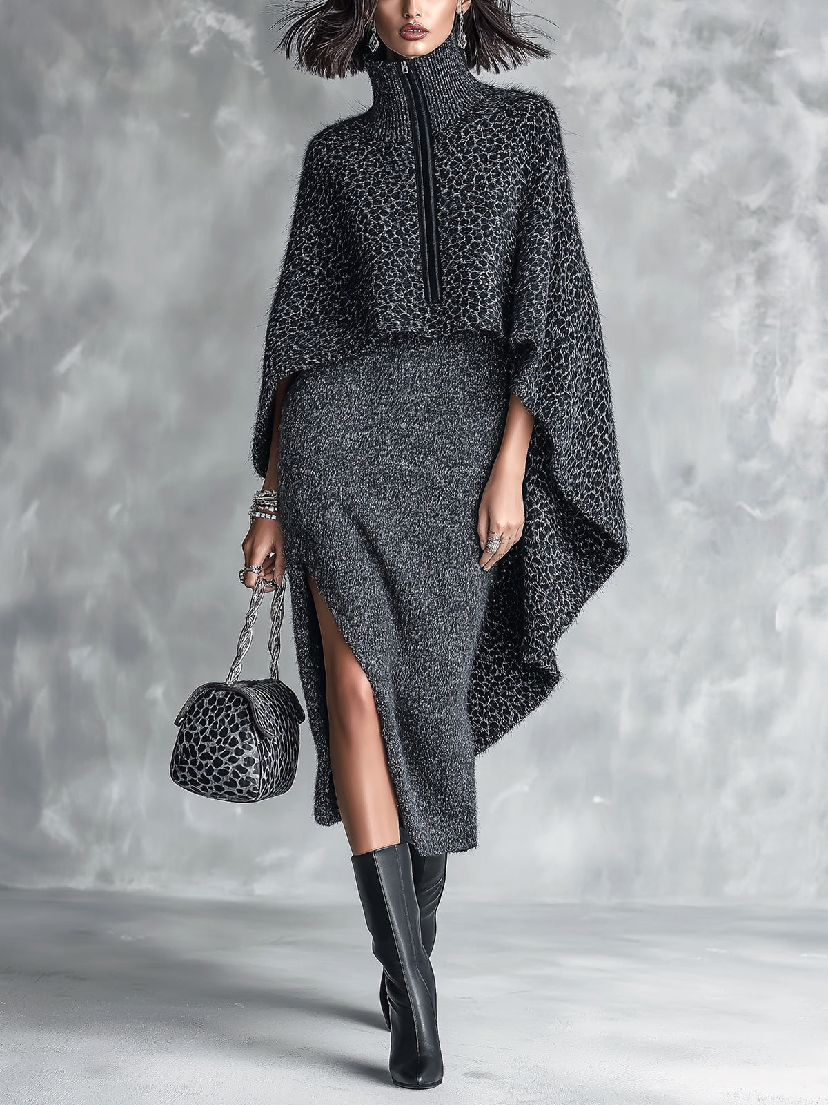 ElevenOra Chic Elegant Dark Gray Melange Spaghetti-Strap Side-Slit Bodycon Dress Leopard Zipper-Up Turtleneck Asymmetrical Hem Cape Knit Two-Piece Set