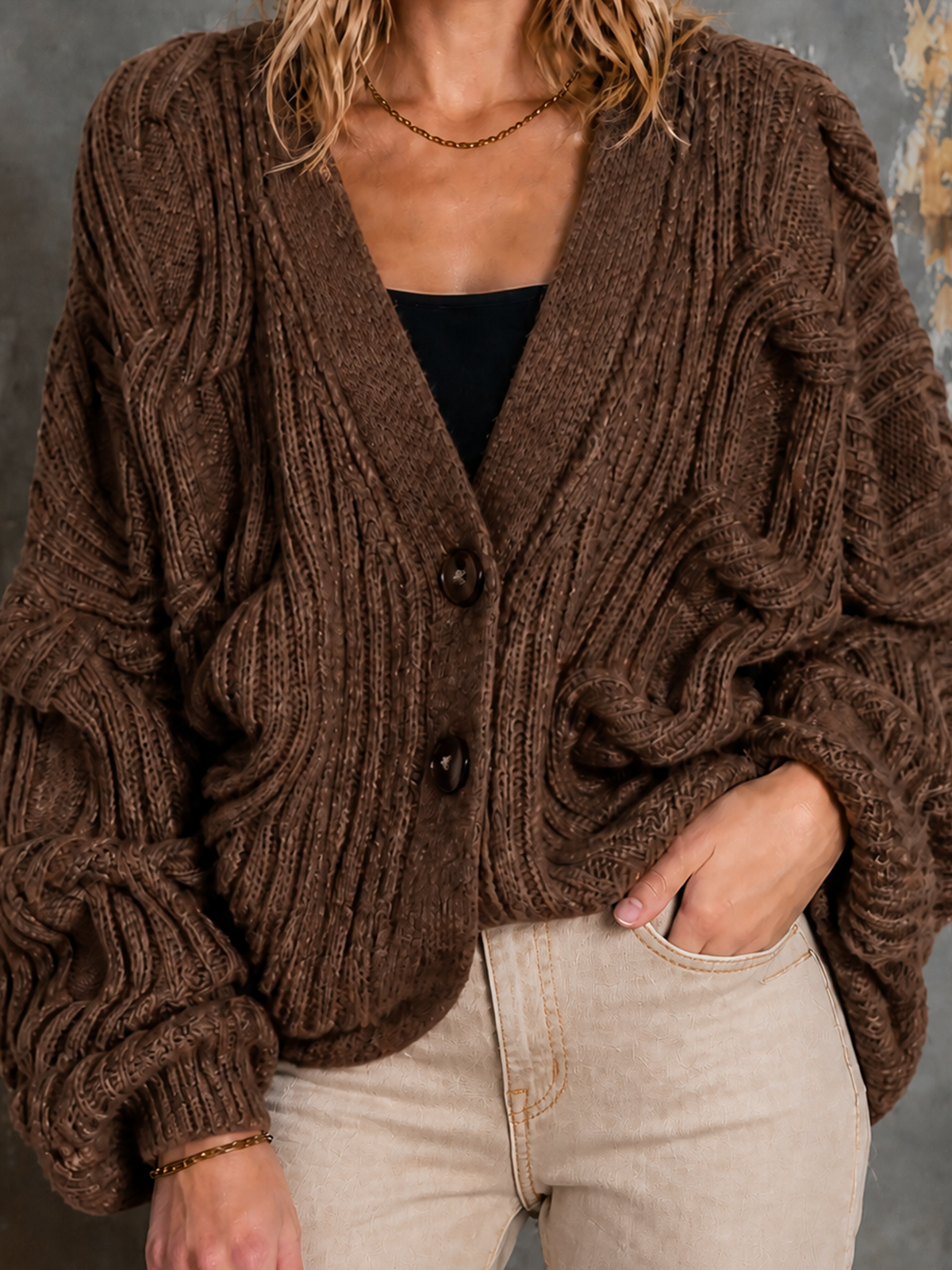ElevenOra Chic Elegant Brown V-Neck Single-Breasted Dropped Shoulder Long-Sleeve Loose-Fit Cable Knit Cardigan Top