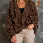 ElevenOra Chic Elegant Brown V-Neck Single-Breasted Dropped Shoulder Long-Sleeve Loose-Fit Cable Knit Cardigan Top