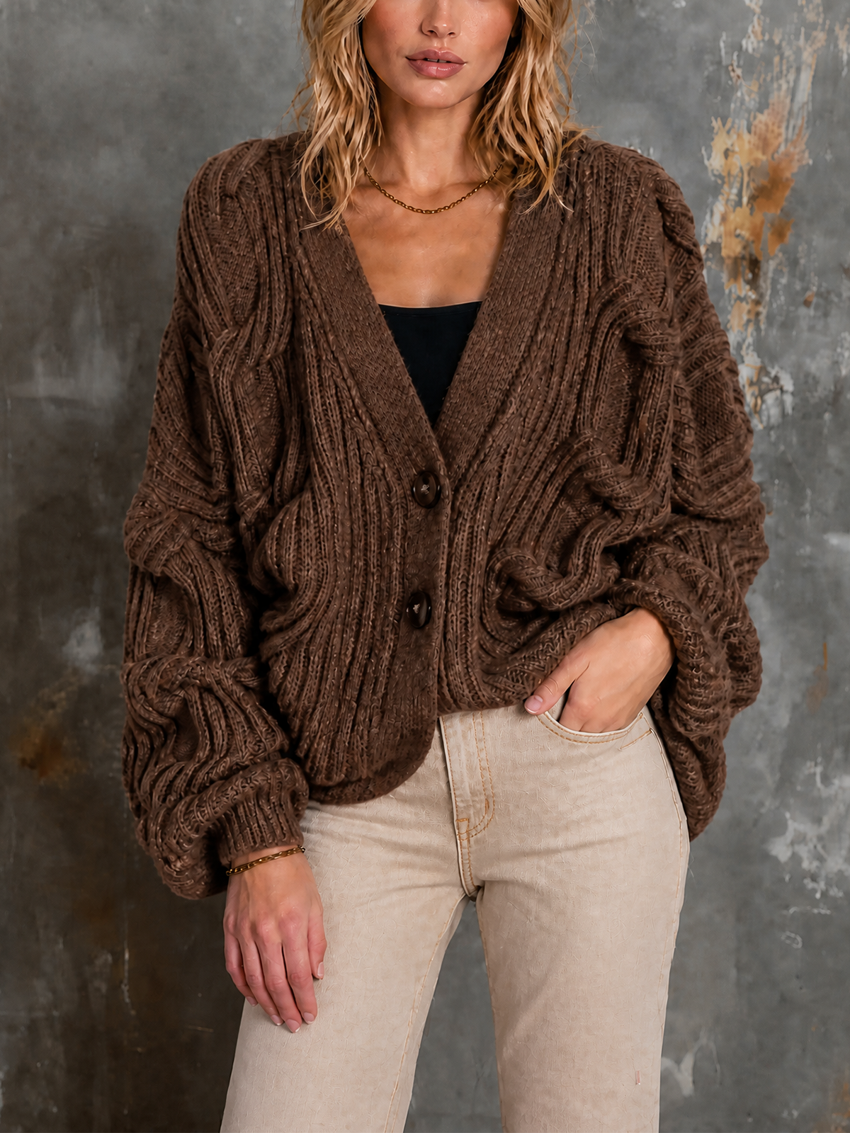 ElevenOra Chic Elegant Brown V-Neck Single-Breasted Dropped Shoulder Long-Sleeve Loose-Fit Cable Knit Cardigan Top