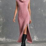 ElevenOra Chic Elegant Pink Cowl-Neck Sleeveless Decorative Zipper Side-Slit Soft Ribbed Knit Straight Maxi Dress