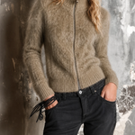 ElevenOra Chic Elegant Light Taupe Stand Turtleneck Zipper Placket Long-Sleeve Slim-Fit Fuzzy Mohair Knit Cardigan Top