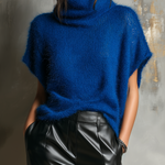 ElevenOra Chic Casual Royal Blue Cowl Neck Batwing Short Sleeve Loose-Fit Fuzzy Mohair Knit Sweater Top