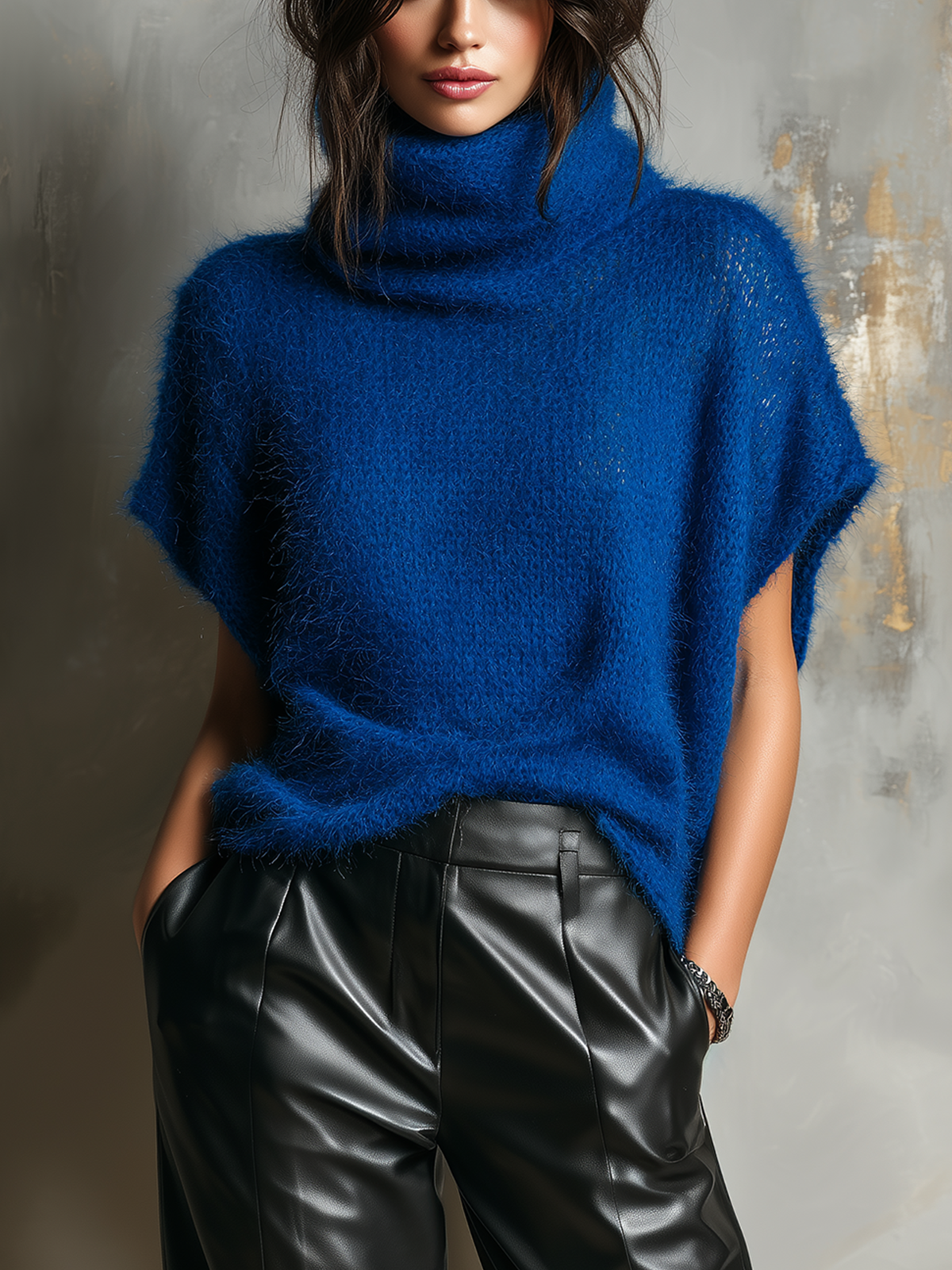 ElevenOra Chic Casual Royal Blue Cowl Neck Batwing Short Sleeve Loose-Fit Fuzzy Mohair Knit Sweater Top