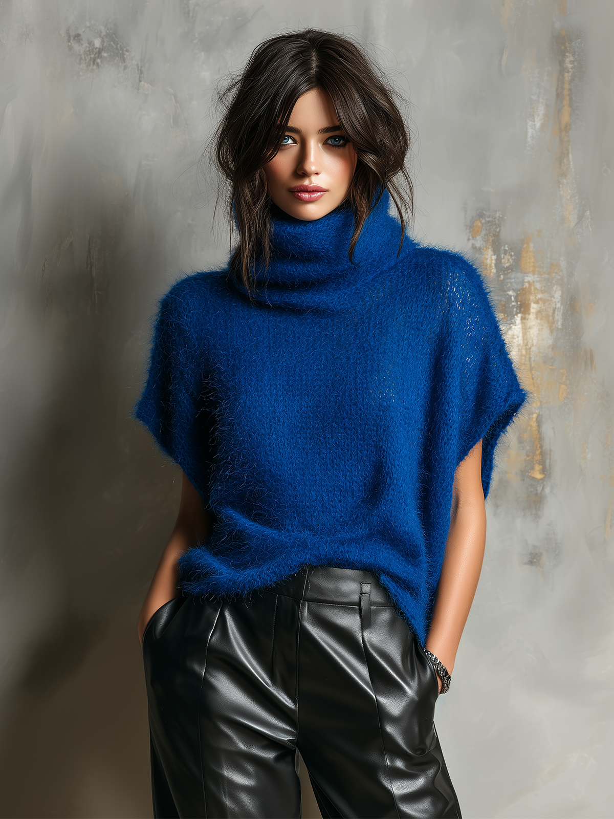 ElevenOra Chic Casual Royal Blue Cowl Neck Batwing Short Sleeve Loose-Fit Fuzzy Mohair Knit Sweater Top