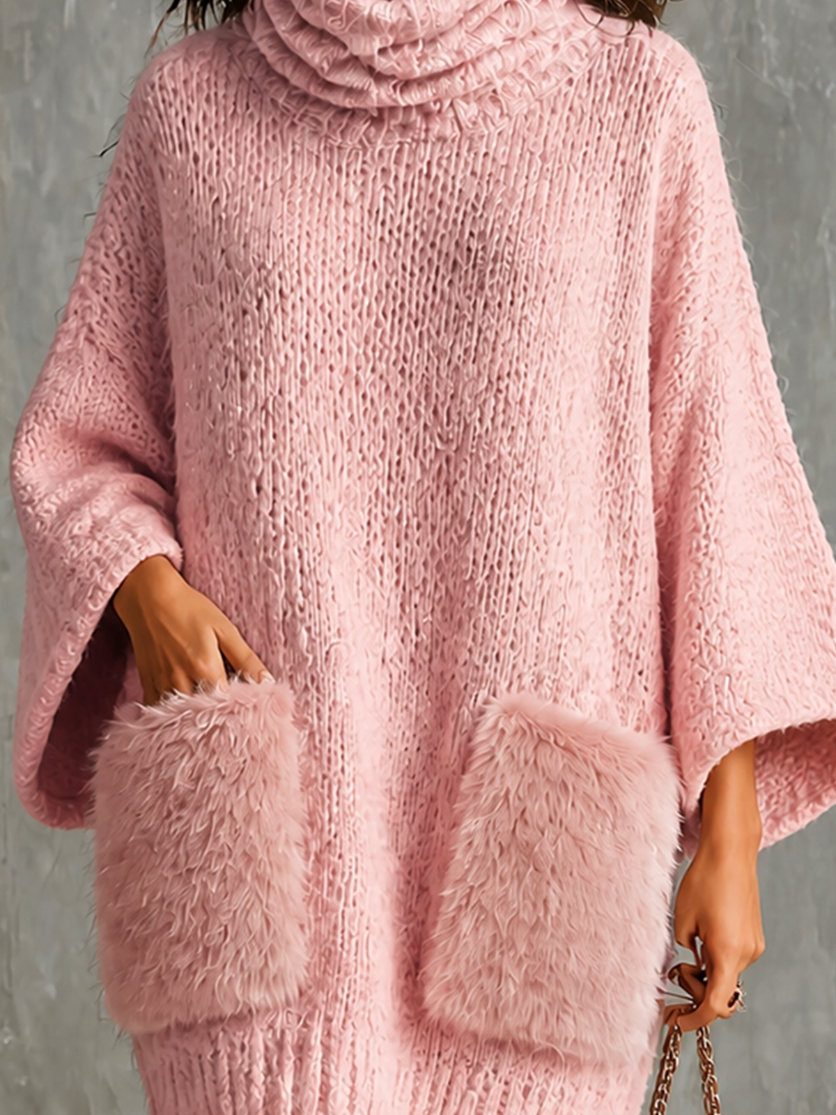 ElevenOra Chic Casual Dusty Pink Cowl Neck Flare Three-Quarter Loose Sleeves Faux Fur Plush Patch Pockets Loose-Fit Knit Mini Dress