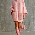 ElevenOra Chic Casual Dusty Pink Cowl Neck Flare Three-Quarter Loose Sleeves Faux Fur Plush Patch Pockets Loose-Fit Knit Mini Dress