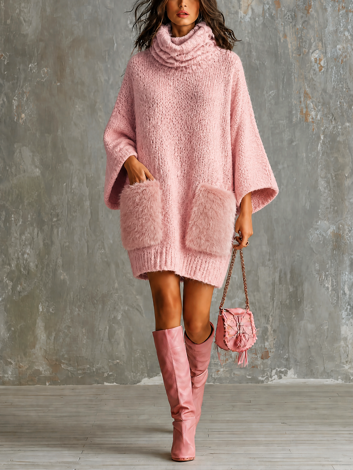 ElevenOra Chic Casual Dusty Pink Cowl Neck Flare Three-Quarter Loose Sleeves Faux Fur Plush Patch Pockets Loose-Fit Knit Mini Dress