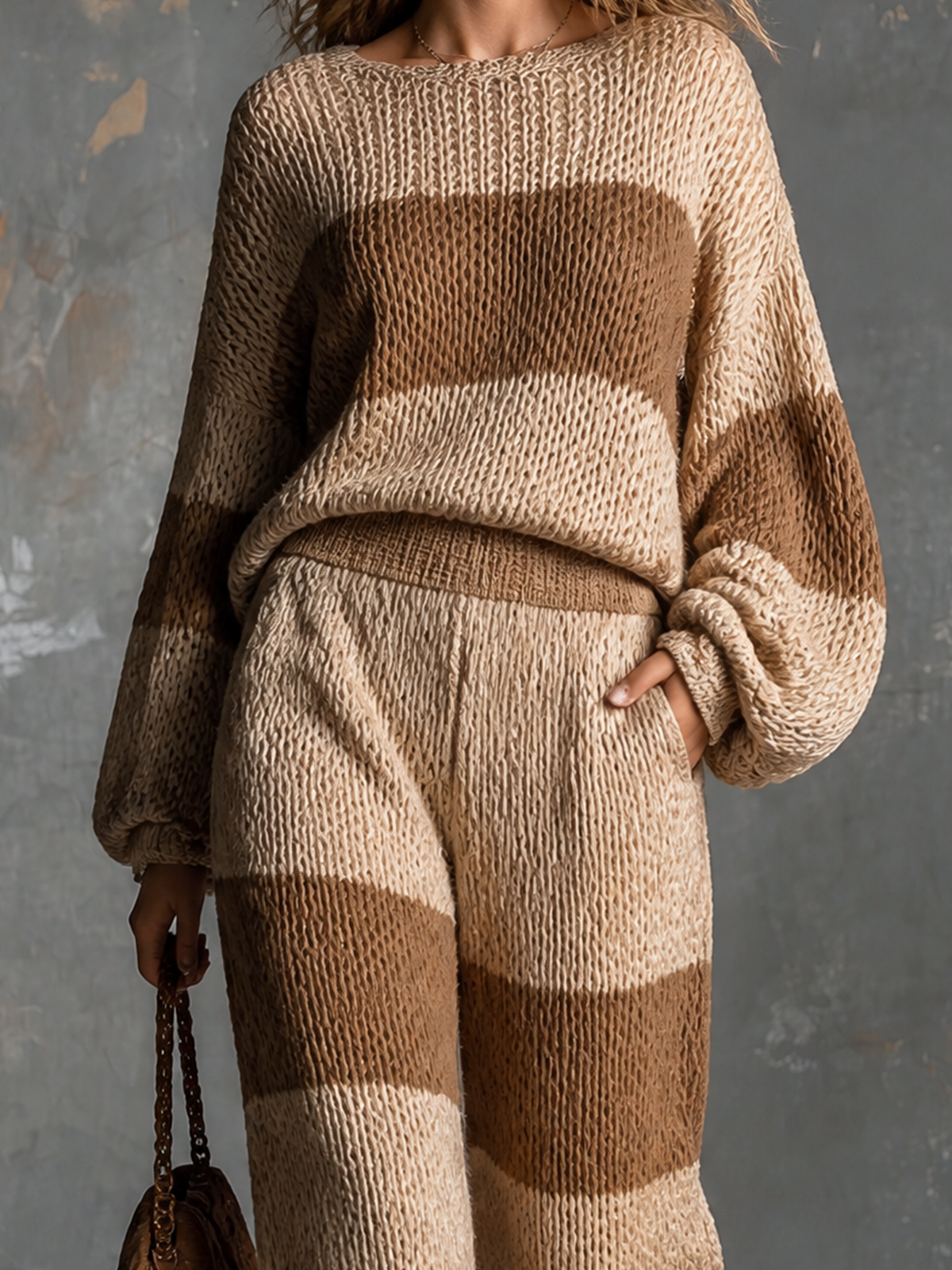 ElevenOra Chic Elegant Camel-Beige Wide Stripe Boat Neck Long-Sleeve Loose-Fit Sweater Elastic-Waist Pants Knit Two-Piece Set