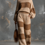 ElevenOra Chic Elegant Camel-Beige Wide Stripe Boat Neck Long-Sleeve Loose-Fit Sweater Elastic-Waist Pants Knit Two-Piece Set