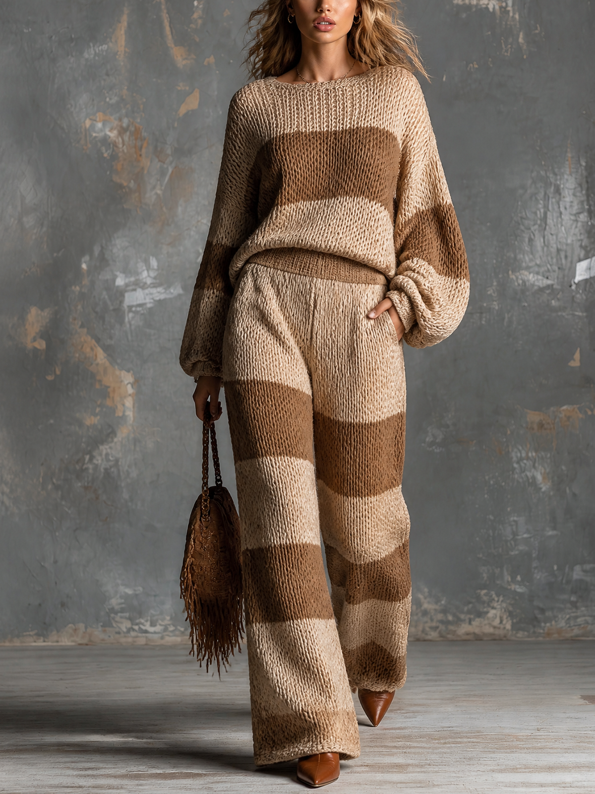 ElevenOra Chic Elegant Camel-Beige Wide Stripe Boat Neck Long-Sleeve Loose-Fit Sweater Elastic-Waist Pants Knit Two-Piece Set