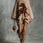 ElevenOra Chic Casual Oatmeal One Shoulder Dog Jacquard Dropped Shoulder Long-Sleeve Loose-Fit Knit Mini Dress
