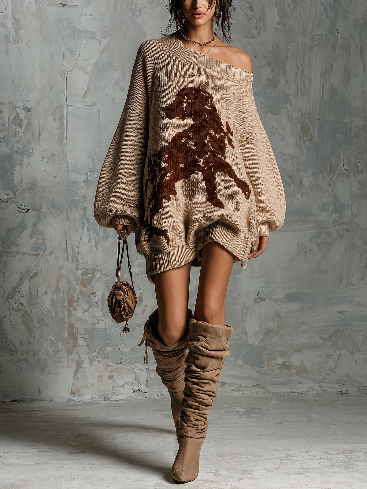 ElevenOra Chic Casual Oatmeal One Shoulder Dog Jacquard Dropped Shoulder Long-Sleeve Loose-Fit Knit Mini Dress