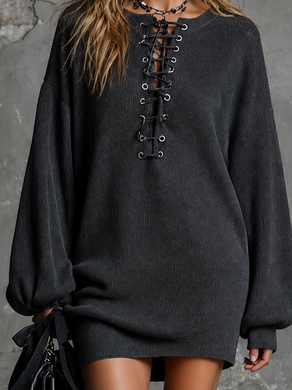 ElevenOra Chic Casual Washed Black Crew Neck Eyelet Lace-Up Front Placket Dropped Shoulder Long-Sleeve Loose-Fit Ribbed Knit Mini Dress