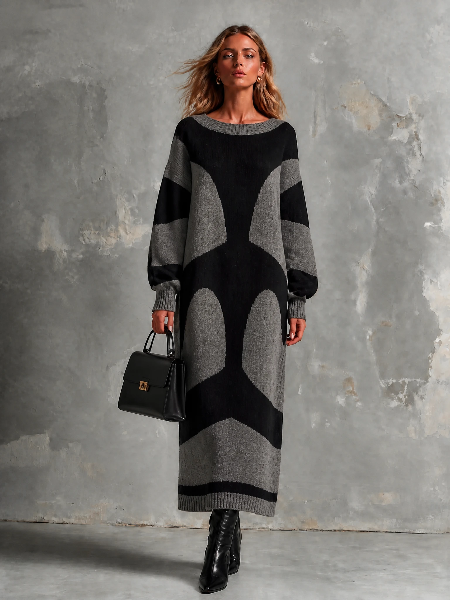 ElevenOra Chic Elegant Heather Grey-Black Colorblock Round-Neck Long-Sleeve Loose-Fit Knit Maxi Dress