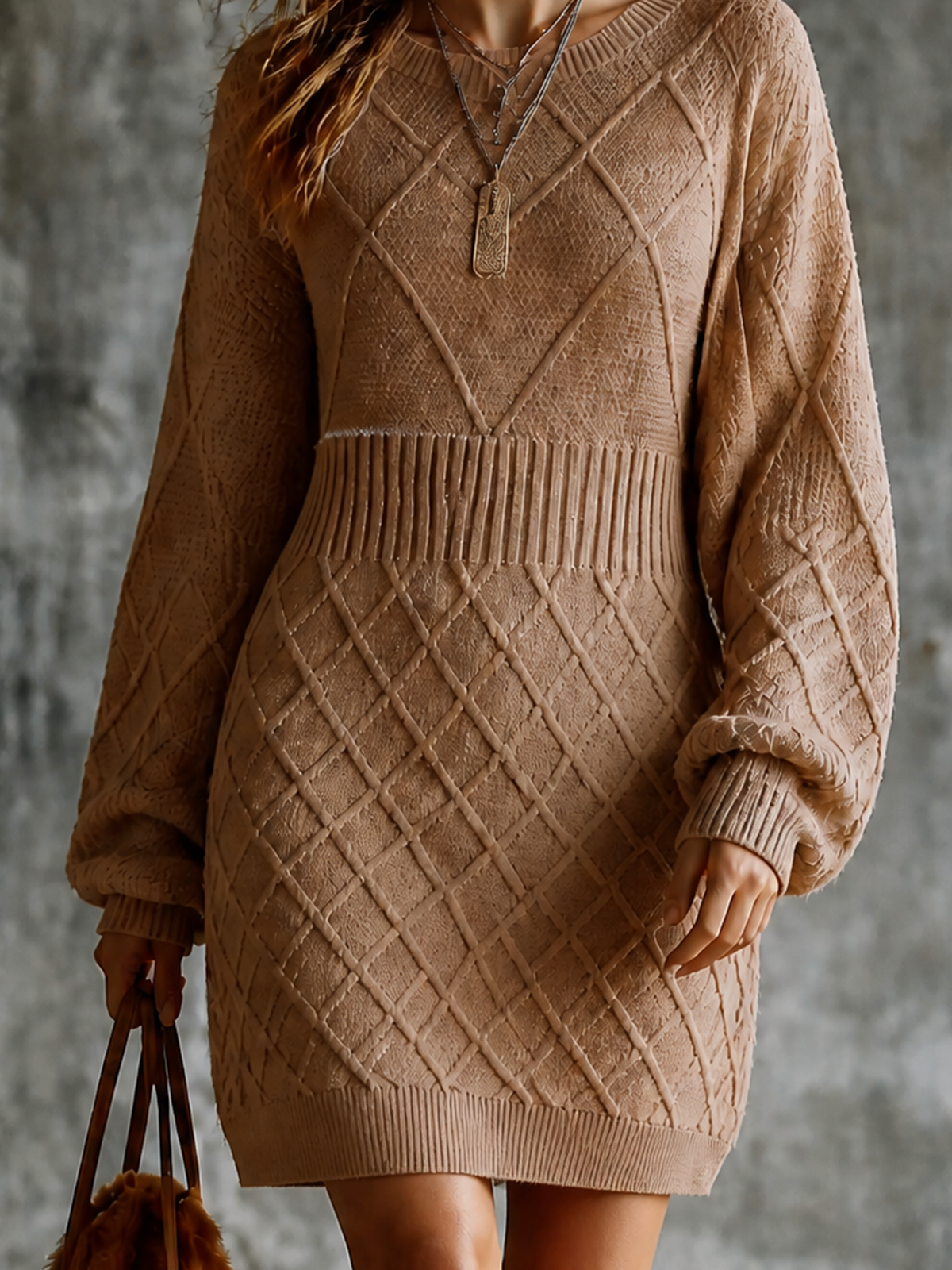 ElevenOra Chic Casual Camel Round-Neck Dropped Shoulder Long-Sleeve Loose-Fit Diamond Cable Knit Mini Dress