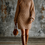 ElevenOra Chic Casual Camel Round-Neck Dropped Shoulder Long-Sleeve Loose-Fit Diamond Cable Knit Mini Dress