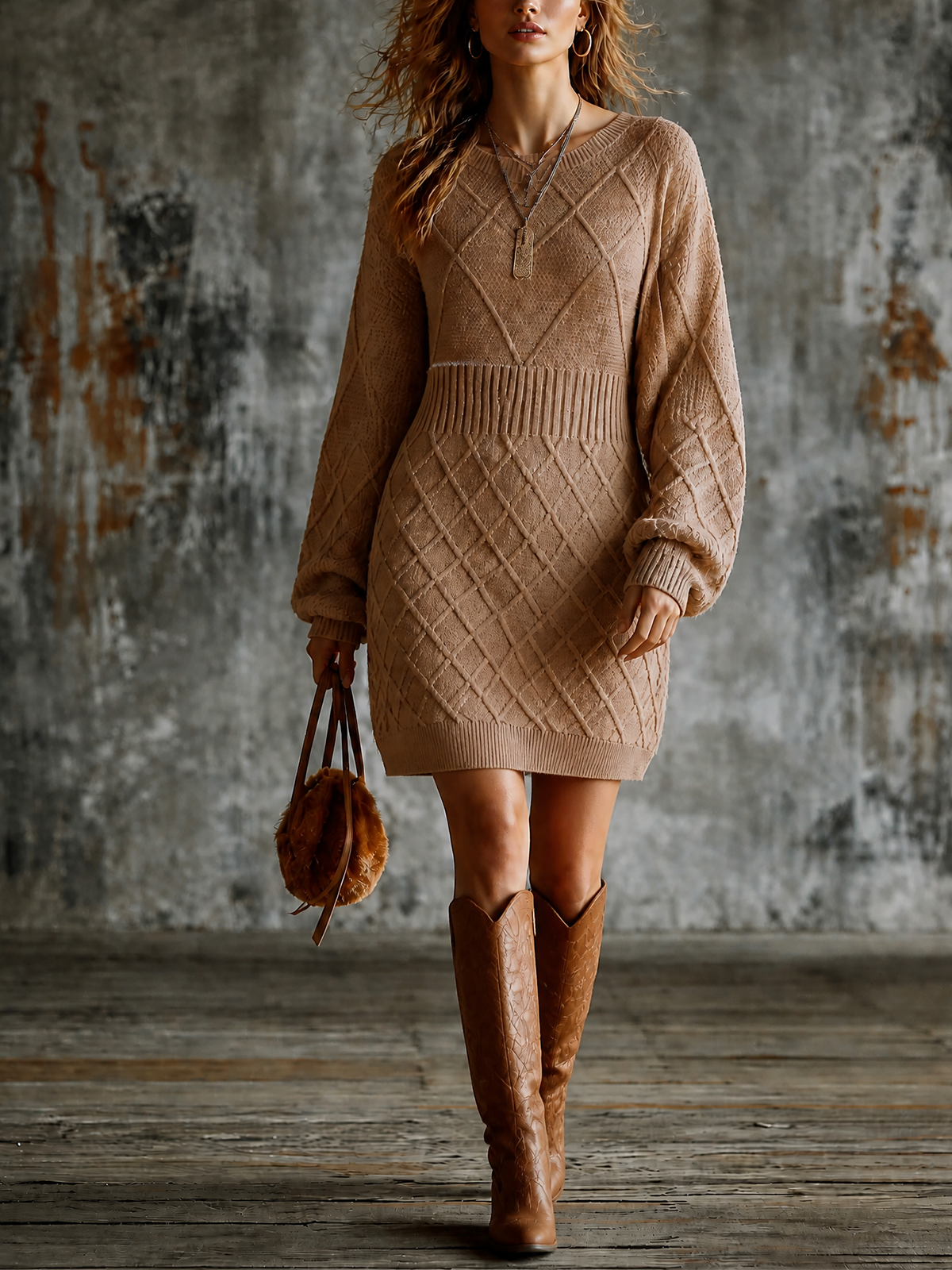 ElevenOra Chic Casual Camel Round-Neck Dropped Shoulder Long-Sleeve Loose-Fit Diamond Cable Knit Mini Dress