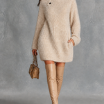 ElevenOra Chic Casual Off-White Mock Cowl Turtleneck Button Detail Long-Sleeve Loose-Fit Fuzzy Knit Mini Dress
