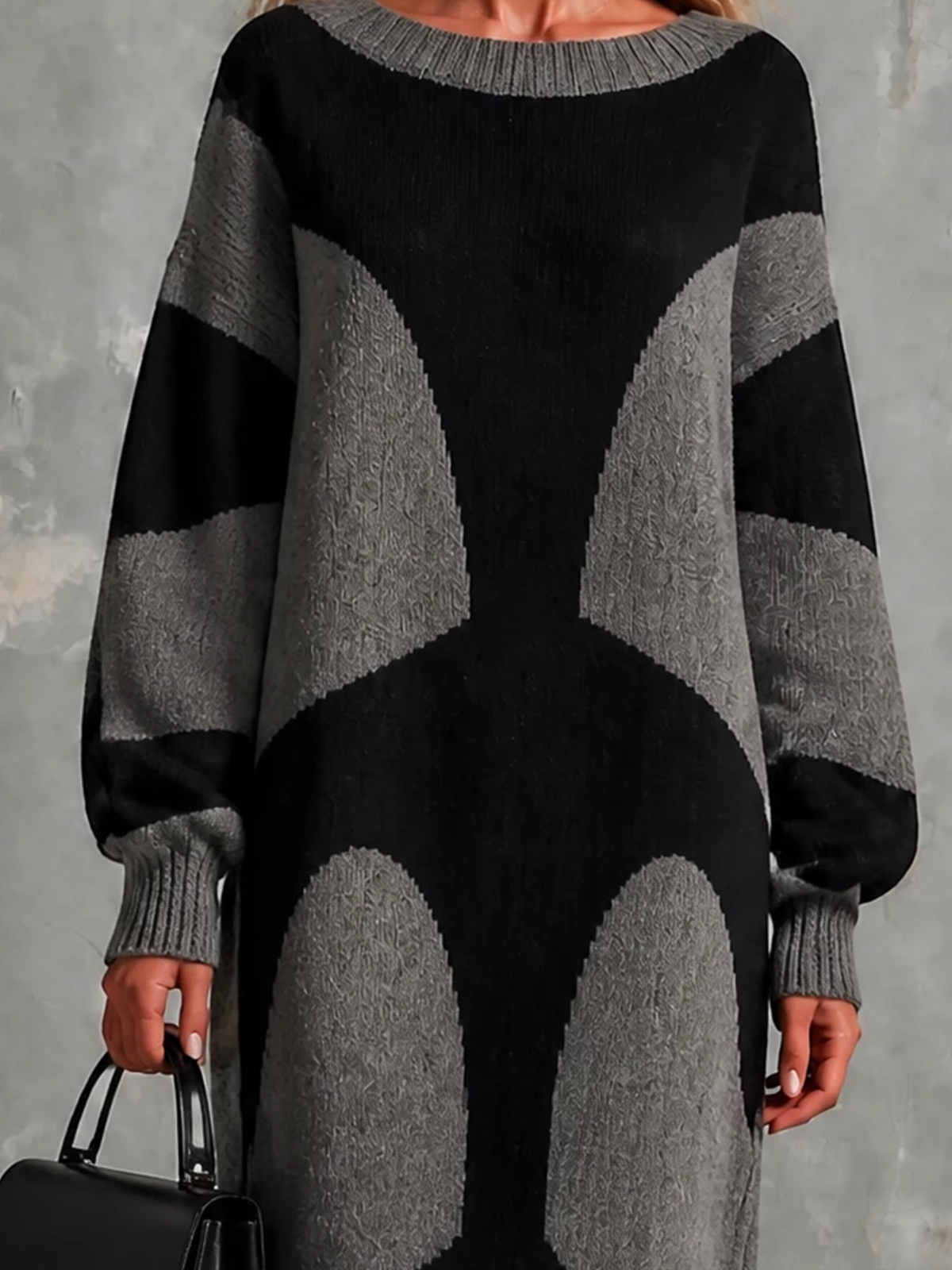 ElevenOra Chic Elegant Heather Grey-Black Colorblock Round-Neck Long-Sleeve Loose-Fit Knit Maxi Dress