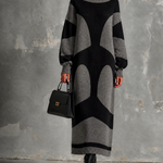 ElevenOra Chic Elegant Heather Grey-Black Colorblock Round-Neck Long-Sleeve Loose-Fit Knit Maxi Dress