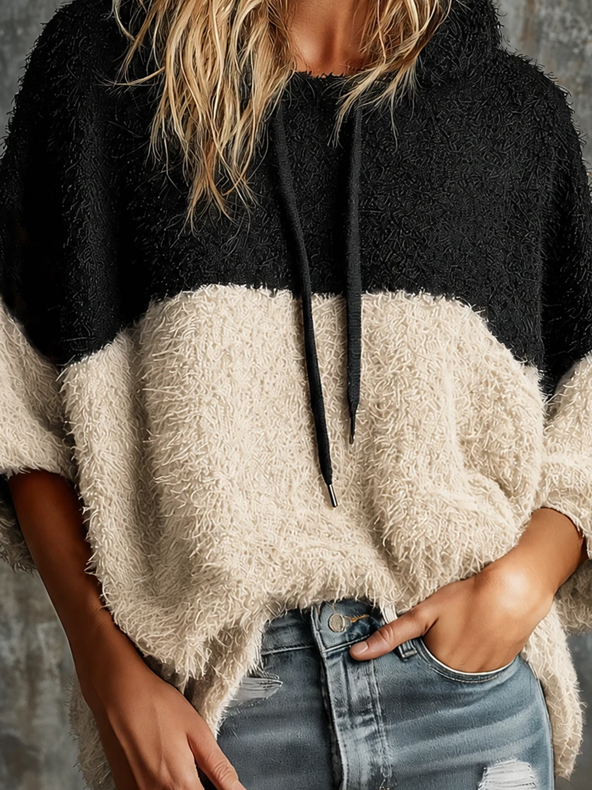 ElevenOra Chic Casual Black-Off-White Colorblock Hooded Drawstring Three-Quarter Sleeves Oversize Fuzzy Knit Sweater Top