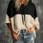 ElevenOra Chic Casual Black-Off-White Colorblock Hooded Drawstring Three-Quarter Sleeves Oversize Fuzzy Knit Sweater Top