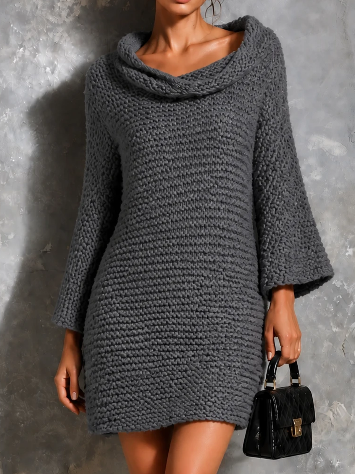 ElevenOra Chic Casual Heather Grey Cowl Neck Flared Sleeves Slim-Fit Knit Mini Dress