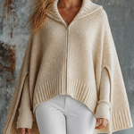 ElevenOra Chic Elegant Oatmeal Beige Lapel Collar Front Zipper Long-Sleeve Loose-Fit Knit Cape Cardigan Top