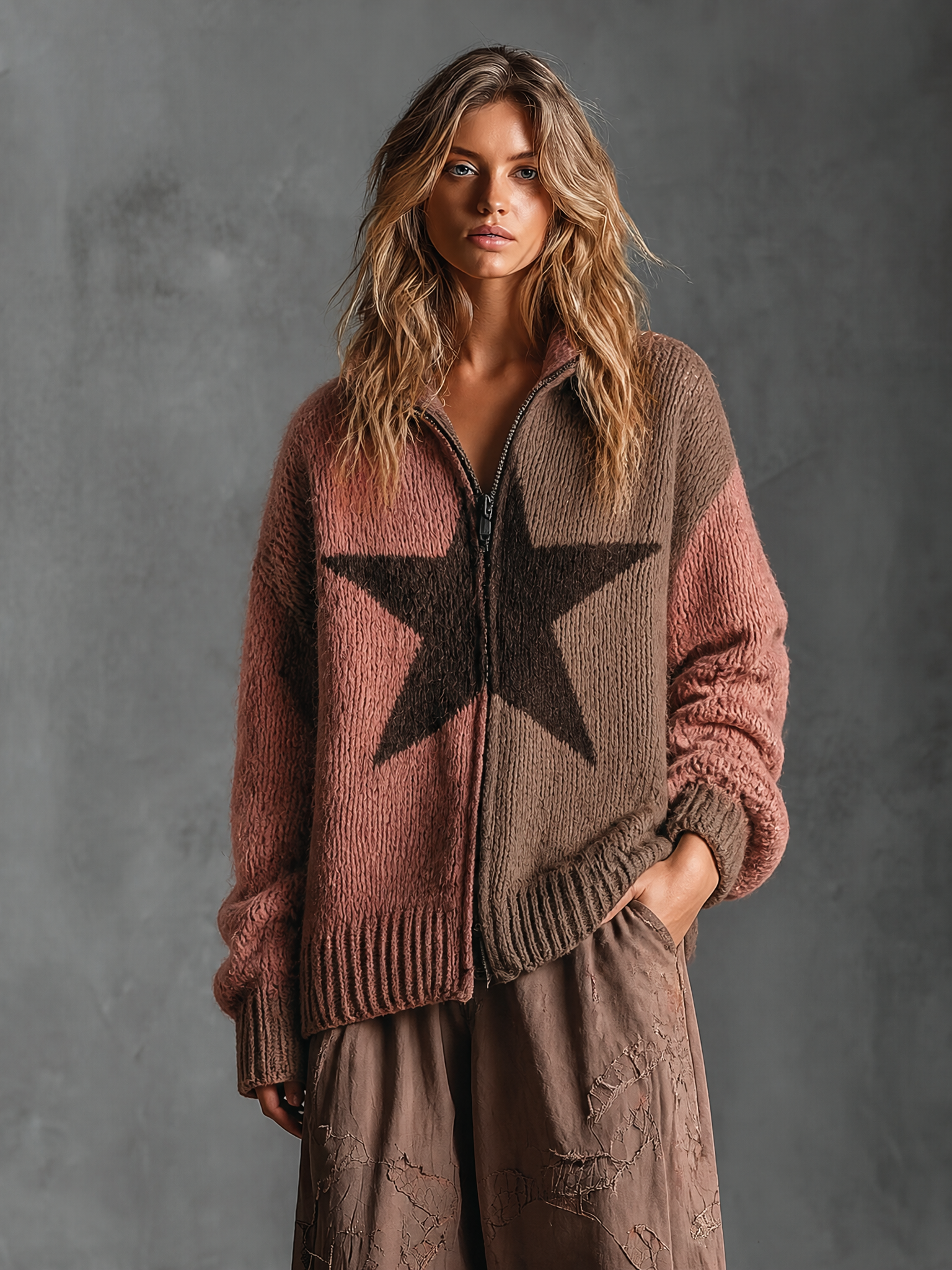 ElevenOra Chic Casual Dusty Pink-Brown Colorblock Star Jacquard Stand Collar Zipper Placket Long-Sleeve Loose-Fit Knit Cardigan Top