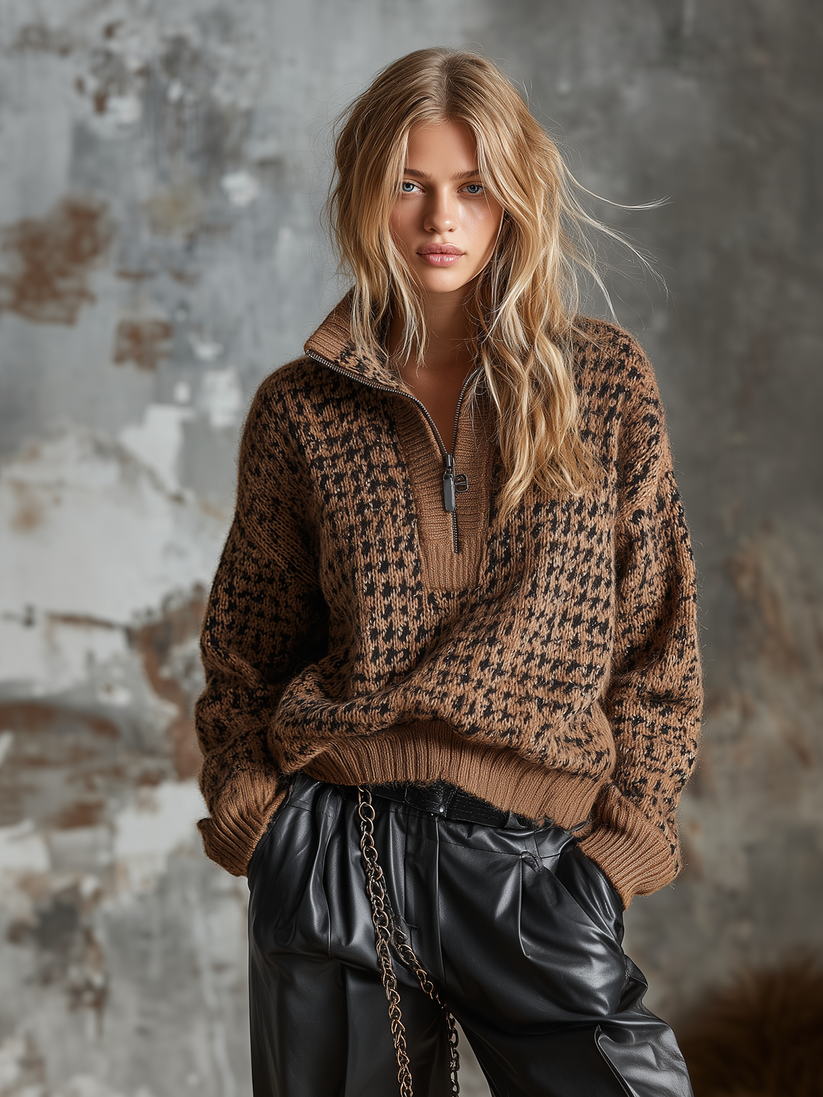 ElevenOra Chic Casual Brown‑Black Houndstooth Jacquard Stand Collar Half Zip Long-Sleeve Loose-Fit Knit Sweater Top