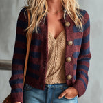 ElevenOra Chic Casual Burgundy-Navy Colorblock Stripes Round-Neck Long-Sleeve Single-Breasted Knit Cardigan Top