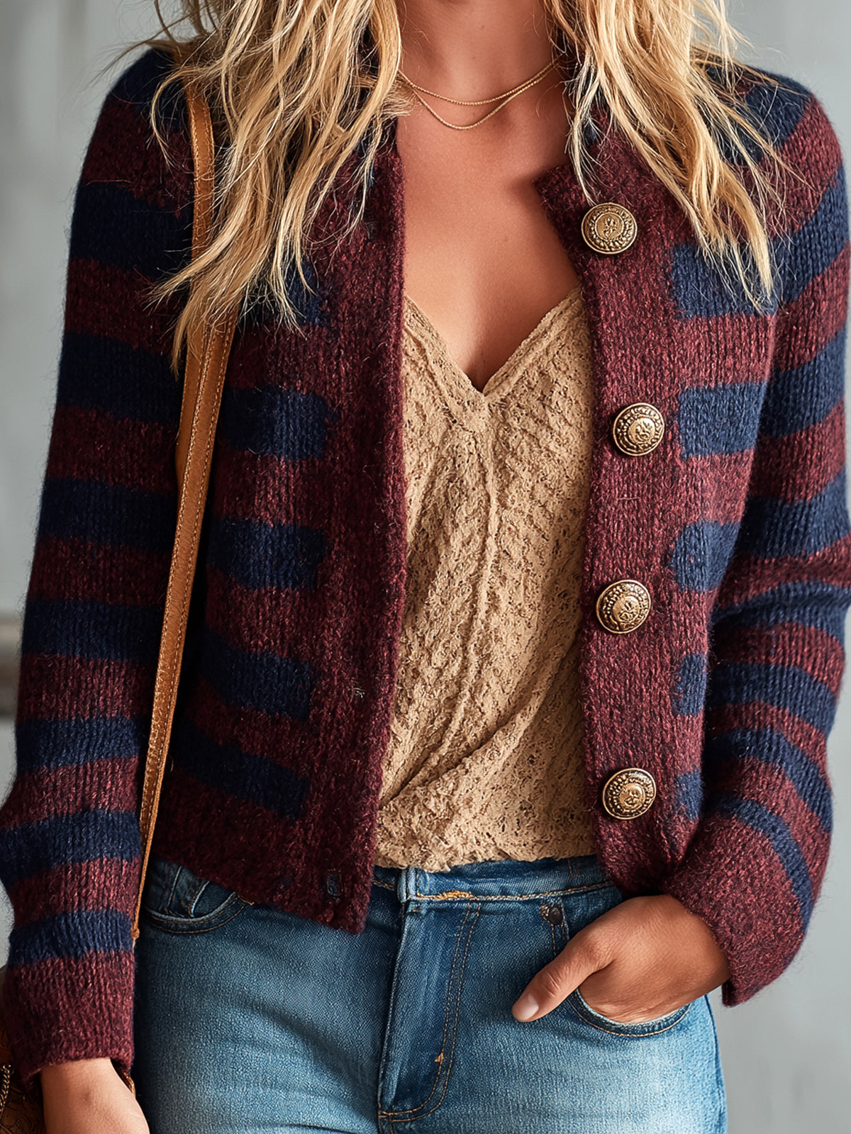 ElevenOra Chic Casual Burgundy-Navy Colorblock Stripes Round-Neck Long-Sleeve Single-Breasted Knit Cardigan Top