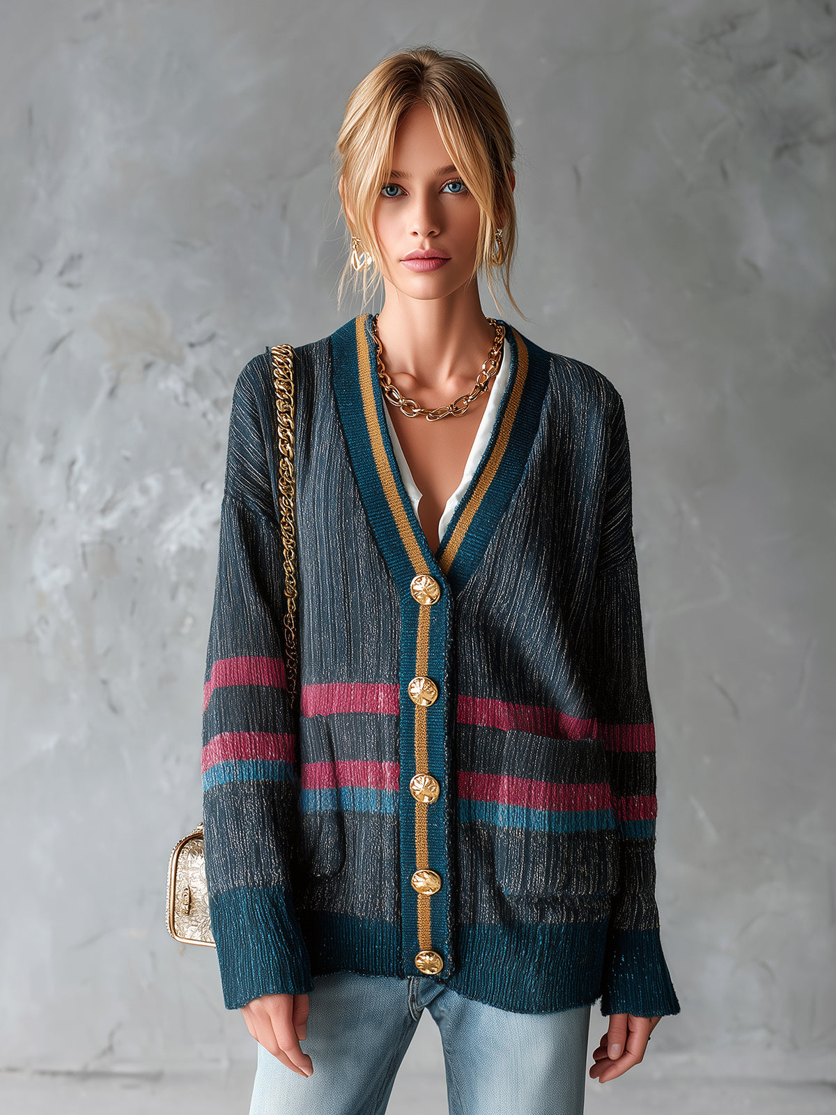 ElevenOra Chic Casual Dark Gray Colorblock Stripe Detail V-Neck Long-Sleeve Single-Breasted Patch Pockets Loose-Fit Knit Cardigan