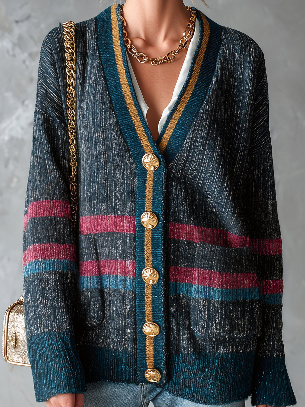 ElevenOra Chic Casual Dark Gray Colorblock Stripe Detail V-Neck Long-Sleeve Single-Breasted Patch Pockets Loose-Fit Knit Cardigan