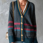 ElevenOra Chic Casual Dark Gray Colorblock Stripe Detail V-Neck Long-Sleeve Single-Breasted Patch Pockets Loose-Fit Knit Cardigan
