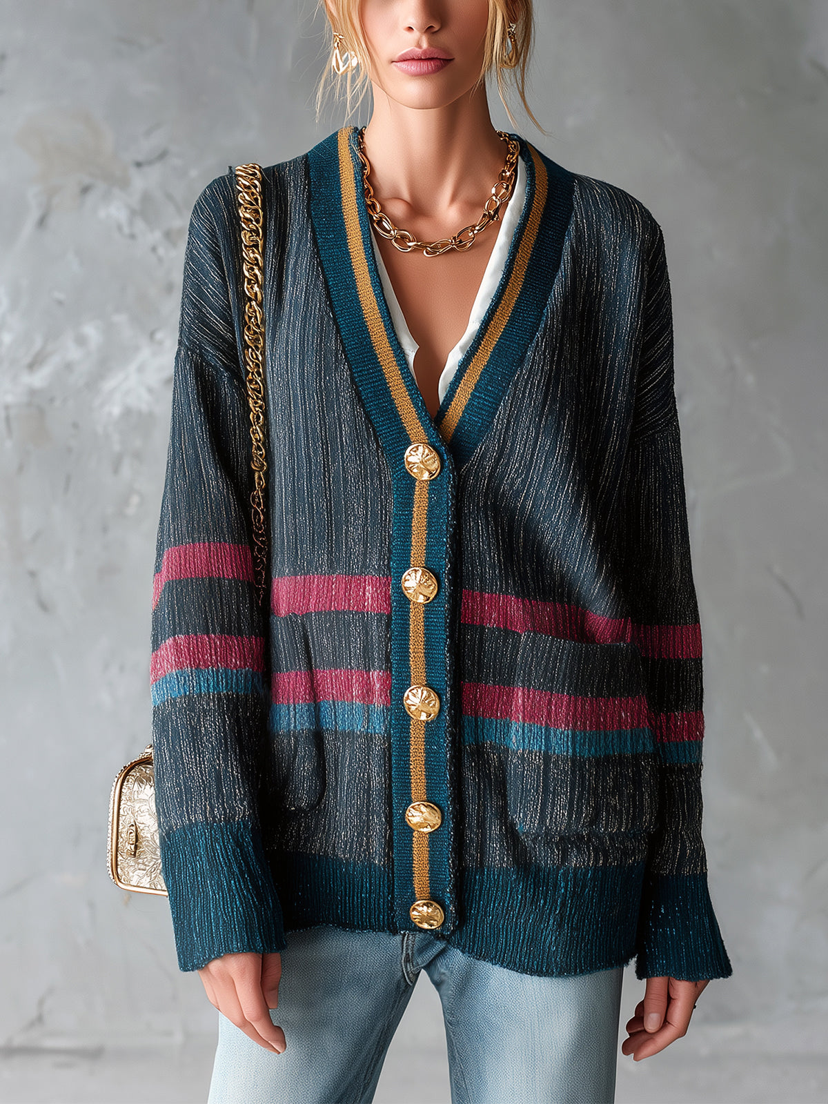 ElevenOra Chic Casual Dark Gray Colorblock Stripe Detail V-Neck Long-Sleeve Single-Breasted Patch Pockets Loose-Fit Knit Cardigan