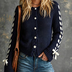 ElevenOra Chic Casual Navy Blue Round-Neck Long-Sleeve Single-Breasted Drawstring Detail Cotton Blend Knit Cardigan Top