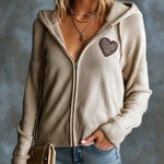 ElevenOra Chic Casual Light Camel Hooded-Collar Long-Sleeve Zipper-Placket Heart Embroidery Patch Loose-Fit Soft Knit Cardigan