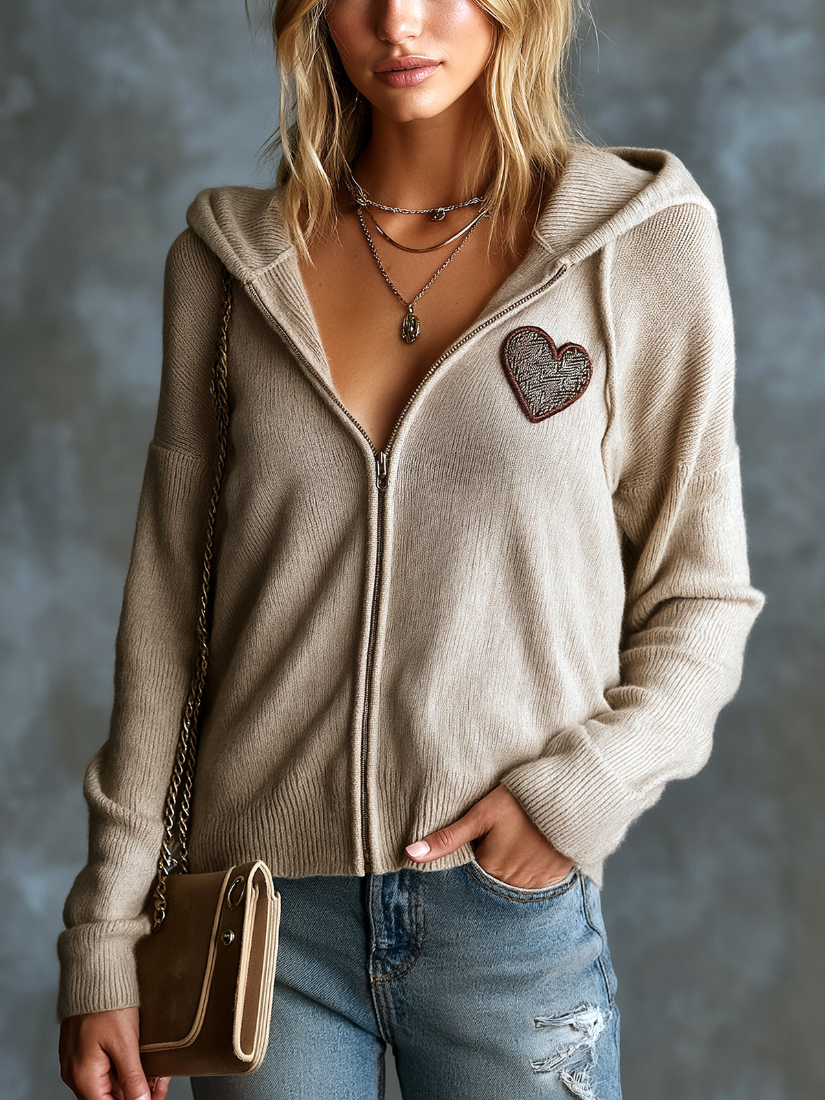 ElevenOra Chic Casual Light Camel Hooded-Collar Long-Sleeve Zipper-Placket Heart Embroidery Patch Loose-Fit Soft Knit Cardigan