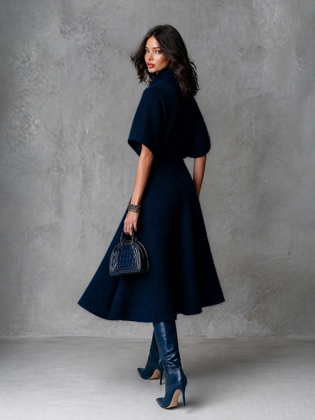 ElevenOra Chic Elegant Navy Blue Zipper-Front Lapel Collar Batwting Short-Sleeve Tailored-Waist A-Line Soft Knit Midi Dress
