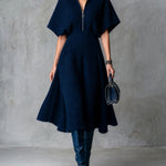 ElevenOra Chic Elegant Navy Blue Zipper-Front Lapel Collar Batwting Short-Sleeve Tailored-Waist A-Line Soft Knit Midi Dress