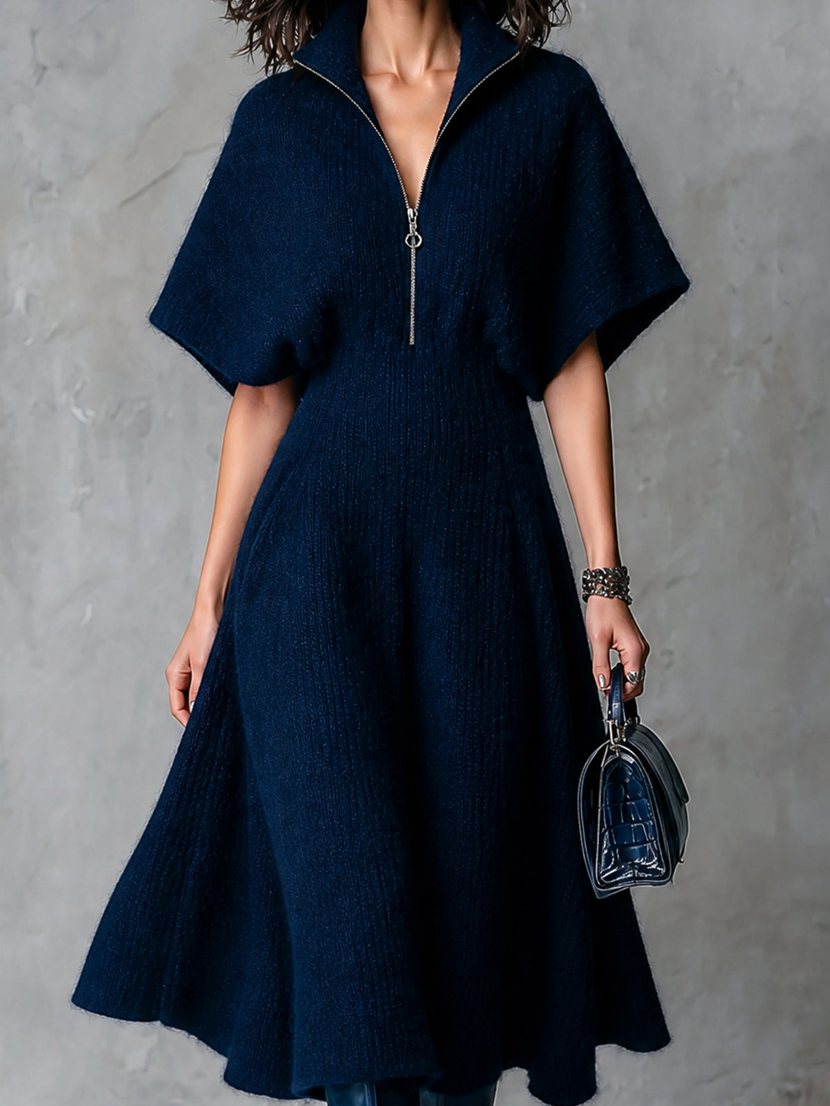 ElevenOra Chic Elegant Navy Blue Zipper-Front Lapel Collar Batwting Short-Sleeve Tailored-Waist A-Line Soft Knit Midi Dress