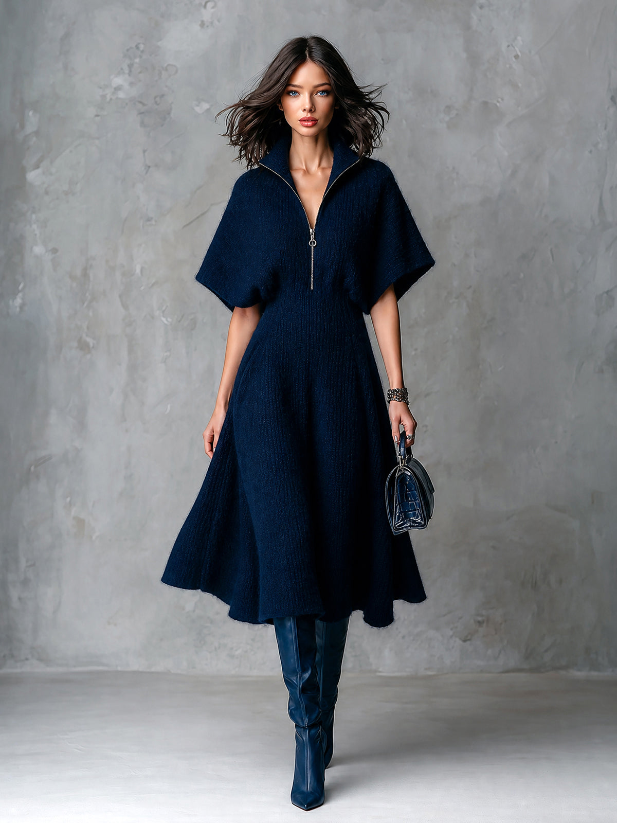 ElevenOra Chic Elegant Navy Blue Zipper-Front Lapel Collar Batwting Short-Sleeve Tailored-Waist A-Line Soft Knit Midi Dress