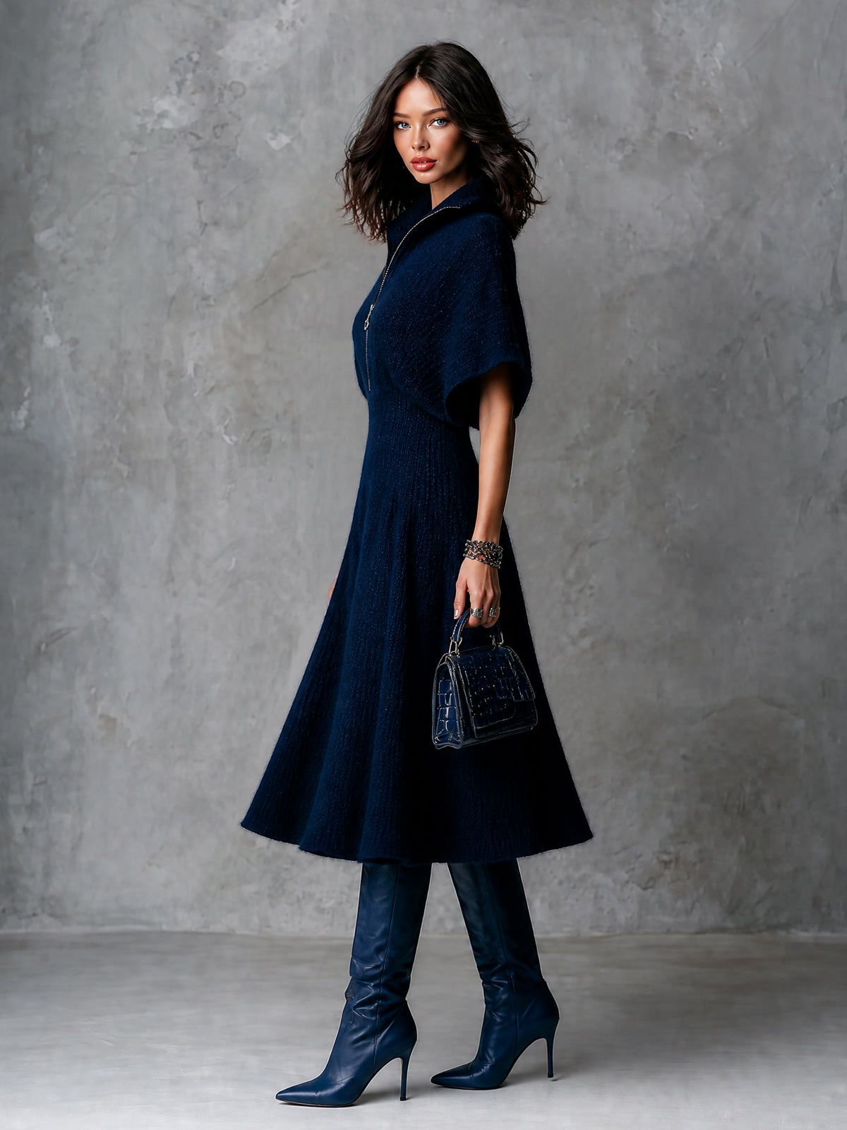 ElevenOra Chic Elegant Navy Blue Zipper-Front Lapel Collar Batwting Short-Sleeve Tailored-Waist A-Line Soft Knit Midi Dress