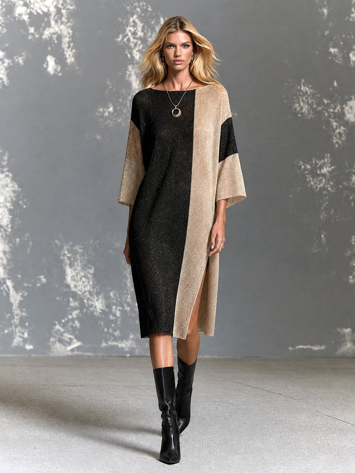 ElevenOra Chic Elegant Black-Camel Melange Colorblock Boat-Neck Half-Sleeve Side Slit Detail Loose-Fit Knit Midi Dress