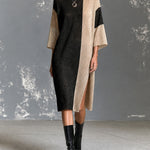 ElevenOra Chic Elegant Black-Camel Melange Colorblock Boat-Neck Half-Sleeve Side Slit Detail Loose-Fit Knit Midi Dress