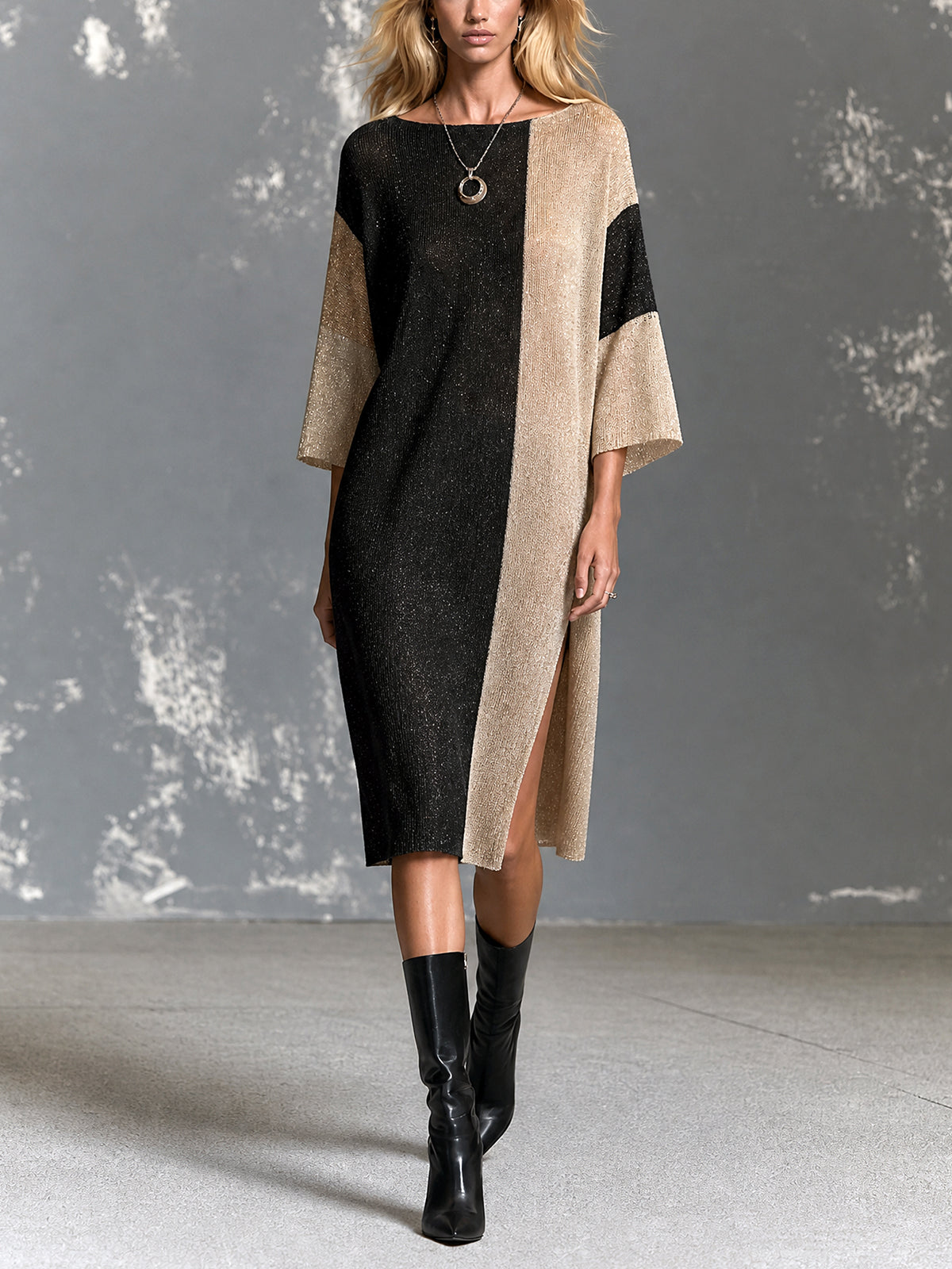 ElevenOra Chic Elegant Black-Camel Melange Colorblock Boat-Neck Half-Sleeve Side Slit Detail Loose-Fit Knit Midi Dress