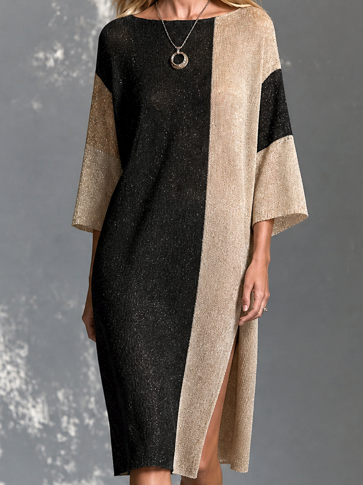 ElevenOra Chic Elegant Black-Camel Melange Colorblock Boat-Neck Half-Sleeve Side Slit Detail Loose-Fit Knit Midi Dress